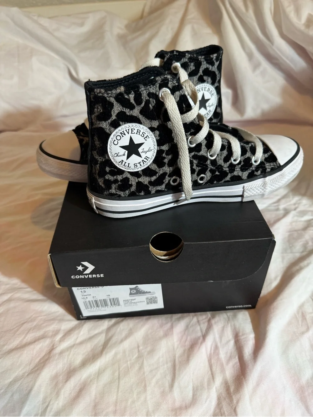 Converse Kids Black and Gray Leopard Print Chuck Taylor High Tops